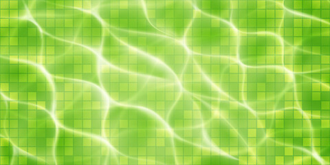 Swimming pool background with mosaic tiles, sunlight glares and caustic ripples. Top view of the water surface. In green colors