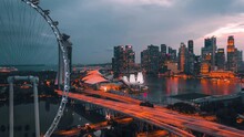 4K Singapore Aerial City View Hyperlapse Flying Towards Marina Bay