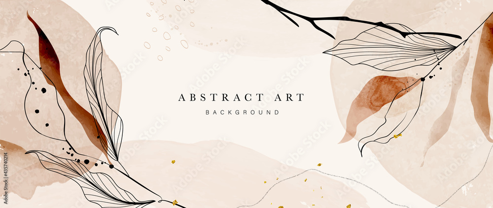 Abstract art botanical pink background vector. Luxury wallpaper with pink and earth tone watercolor, leaf, flower, tree and gold glitter. Minimal Design for text, packaging, prints, wall decoration. - obrazy, fototapety, plakaty 