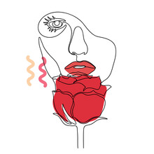 Surreal Faces Woman Continuous One Line And Red Rose, Fashion Concept, Woman Beauty. Vector Line Art Portrait Girl
