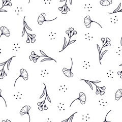 Poster - Hand drawn seamless floral pattern with simple little flower branch. Doodle sketch line style. Vector illustration for nature foliage wallpaper, background, textile design..