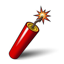 Red Dynamite Stick Icon With Burning Explosive Fuse And Halftones Isolated On White Background. Vector Illustration