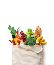 Grocery Bag With Fruits, Vegetables, Bread, Bottled Beverages. Top View.