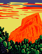 WPA Poster Art Of Prickly Pear Cactus With Red Butte In Tucson Mountains Located Within The Saguaro National Park In Arizona Done In Works Project Administration Style Or Federal Art Project Style.