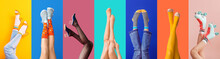 Legs Of Young Woman In Socks And Sandals On Color Background