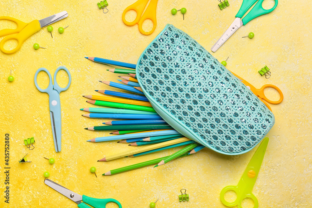 Pencil case with stationery on color background