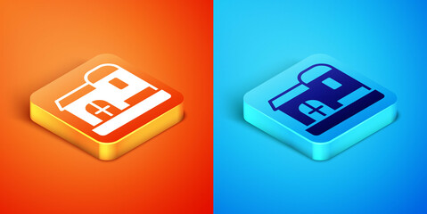 Poster - Isometric Farm house icon isolated on orange and blue background. Vector