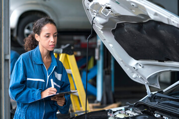 Service repair maintenance concept. Young woman looking at clipboard on hand mechanic at the garage.