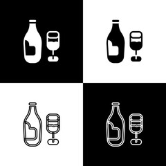 Sticker - Set Wine bottle with glass icon isolated on black and white background. Vector