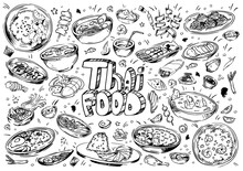 Hand Drawn Vector Illustration. Doodle Thai Food: Shrimp, Tofu, Seaweed, Rice, Tom Yam Kung, Seafood, Sauces, Exotic Fruits, Pancakes, Spring Rolls