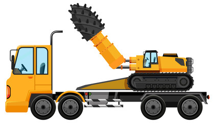 Wall Mural - Tow truck carrying construction car isolated on white background