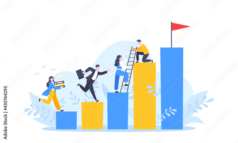 Business mentor helps to improve career and holding stairs steps vector illustration. Mentorship, upskills, climb help and self development strategy flat style design business concept. - obrazy, fototapety, plakaty 