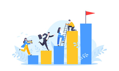 business mentor helps to improve career and holding stairs steps vector illustration. mentorship, up