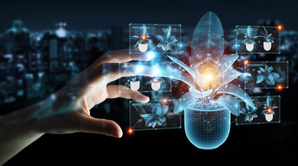 Leinwandbilder - Man hand holding and touching holographic projection of a plant with digital analysis 3D rendering