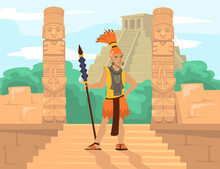 Ancient Mayan Warrior With Spear In Front Of Idols And Pyramid. Male Cartoon Character Wearing Traditional Clothing And Headdress Illustration. History, Heritage, Native Americans, Culture Concept