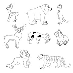 Set of animals-tiger, bear, hippo, fawn, lion, deer, cow, meerkat on a white background,doodle.Animals can be used in children's book illustrations, coloring pages.notebook c.overs,textiles