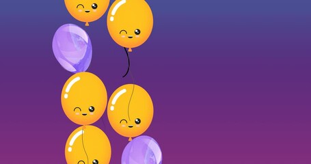 Canvas Print - Animation of yellow, red and purple balloons with copy space on purple background