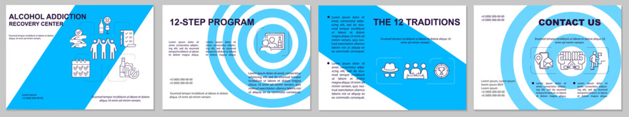 Alcohol addiction recovery center brochure template. Illness treat. Flyer, booklet, leaflet print, cover design with linear icons. Vector layouts for presentation, annual reports, advertisement pages