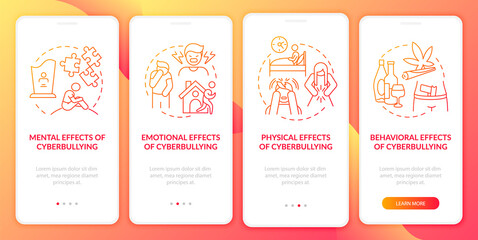 Cyberharassment aftermaths onboarding mobile app page screen with concepts. Physical problems walkthrough 4 steps graphic instructions. UI, UX, GUI vector template with linear color illustrations
