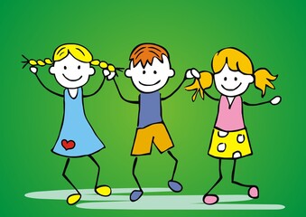 Wall Mural - Three happy kids, boys and girl, funny vector illustration. Group of little dancing children. Color picture on green background.