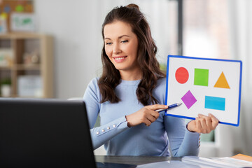 Wall Mural - distant education, school and people concept - happy smiling female teacher with laptop computer and picture of geometric shapes in different colors having online class at home