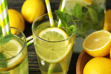 Glasses of fresh summer lemonade, close up