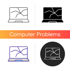 Sticker - Broken screen icon. Cracked display. Crashed monitor. Smashed touch screen, electronic device repair service. Computer damage. Linear black and RGB color styles. Isolated vector illustrations