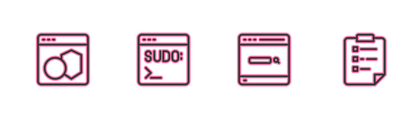 Set line Software, Search engine, Code terminal and Clipboard with checklist icon. Vector