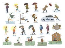 Collection Of People Coping With Bad Severe Meteorological Weather Conditions Disasters Like Extreme Heat And Cold, Hurricane, Strong Wind Snow Hail Rain Storm, Tsunami, Flood Graphic