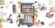 © Pavlo Plakhotia - Online library vector flat illustration. People sitting in comfortable poses and preparing for examinations, studying, working, and reading books. Online education, teaching concept.