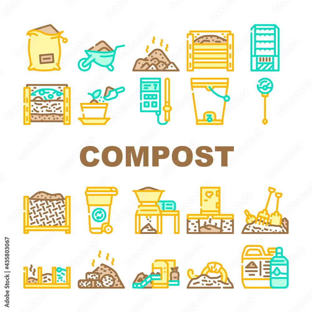Composter Symbol Compost Production Collection Icons Set Vector. Worms In Compost And ...