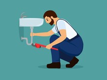 Plumber Repairing Pipe On The Bathroom. Vector Illustration.