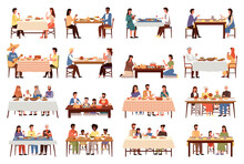 Set Of Illustrations On The Topic Of People Dine On Traditional Dishes From Different Countries. People Communicate Together. Characters Eating National Meals. Families Isolated On White Background