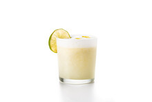 Pisco Sour Cocktail Isolated On White Background. Traditional Peruvian Cocktail	