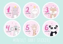 Set Of Stickers For A Newborn Girl From 1 To 6 Months. Stickers With Pictures Of Cute Animals: Hippo, Bunny, Fox, Koala, Giraffe, Panda. Set In Pink.