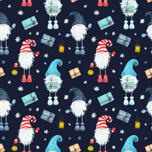 Watercolor Christmas Pattern With Scandinavian Gnome And Giftes Isolated On Dark Background. Hand Drawn Watercolor Illustration.