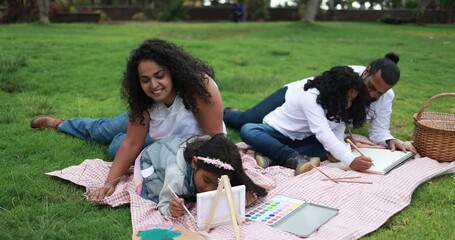 Poster - Happy indian parents having fun at city park painting with their children - Family, summer and love concept 