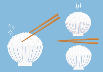 Set of rice bowl with chopsticks icons on blue background vector.