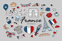 Set Of Of France Stickers. French Doodles Isolated On Grey Background. Good For Prints, Icons, Logos, Posters, Cards, Etc. Bastille Day Theme. 