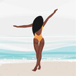 © vika33 - black woman back in swimsuit on beach sand look sea in Bikini. Enjoying Sexy Girl On Summer Vacation Vector Illustration
