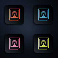 Canvas Print - Color neon line Photo icon isolated on black background. Set icons in square buttons. Vector