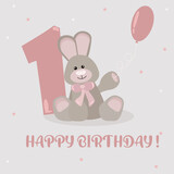 Fototapeta Dinusie - Birthday card. Hare, rabbit. 1 year old child. Birthday Poster. Banner. Bunny with a balloon. Print.  Happy Birthday baby. Baby toys