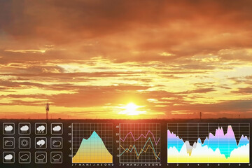 Wall Mural - weather forecast symbol data presentation with graph and chart on dramatic atmosphere panorama view 