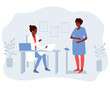 A pregnant African American woman at the reception of an obstetrician-gynecologist determines her weight. Another trip to the gynecological office of a pregnant woman. Flat vector illustration.