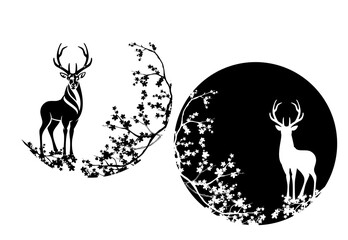 Wall Mural - wild deer stag standing among sakura blossom branches - elegant animal wildlife black and white vect