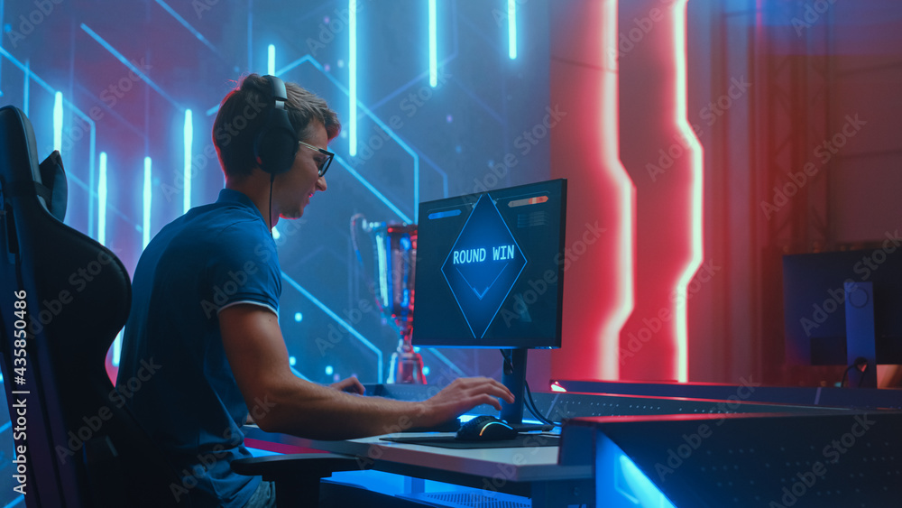 Pro Gamer Look Professional eSports Gamer Plays Mock-up 3D First Person Shooter Video ...