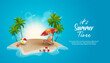 beautiful summer on tropical beach with coconut trees, sun and decorative element. background summer design with blank space for text.