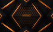 Futuristic black and orange abstract gaming banner design template with hexagon carbon fiber. Dark tech hexagonal concept vector background for game banner and cyber sport poster.
