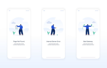 Wall Mural - Illustration of error screens, handling exceptions, empty states. page not found error 404, internal server error 500, bad gateway error 502. Modern flat design concept ui ux.