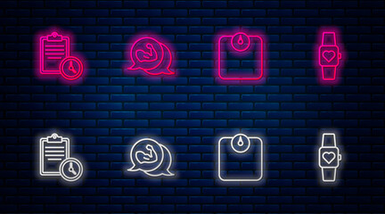 Wall Mural - Set line Bodybuilder muscle, Bathroom scales, Sport training program and Smart watch. Glowing neon icon on brick wall. Vector